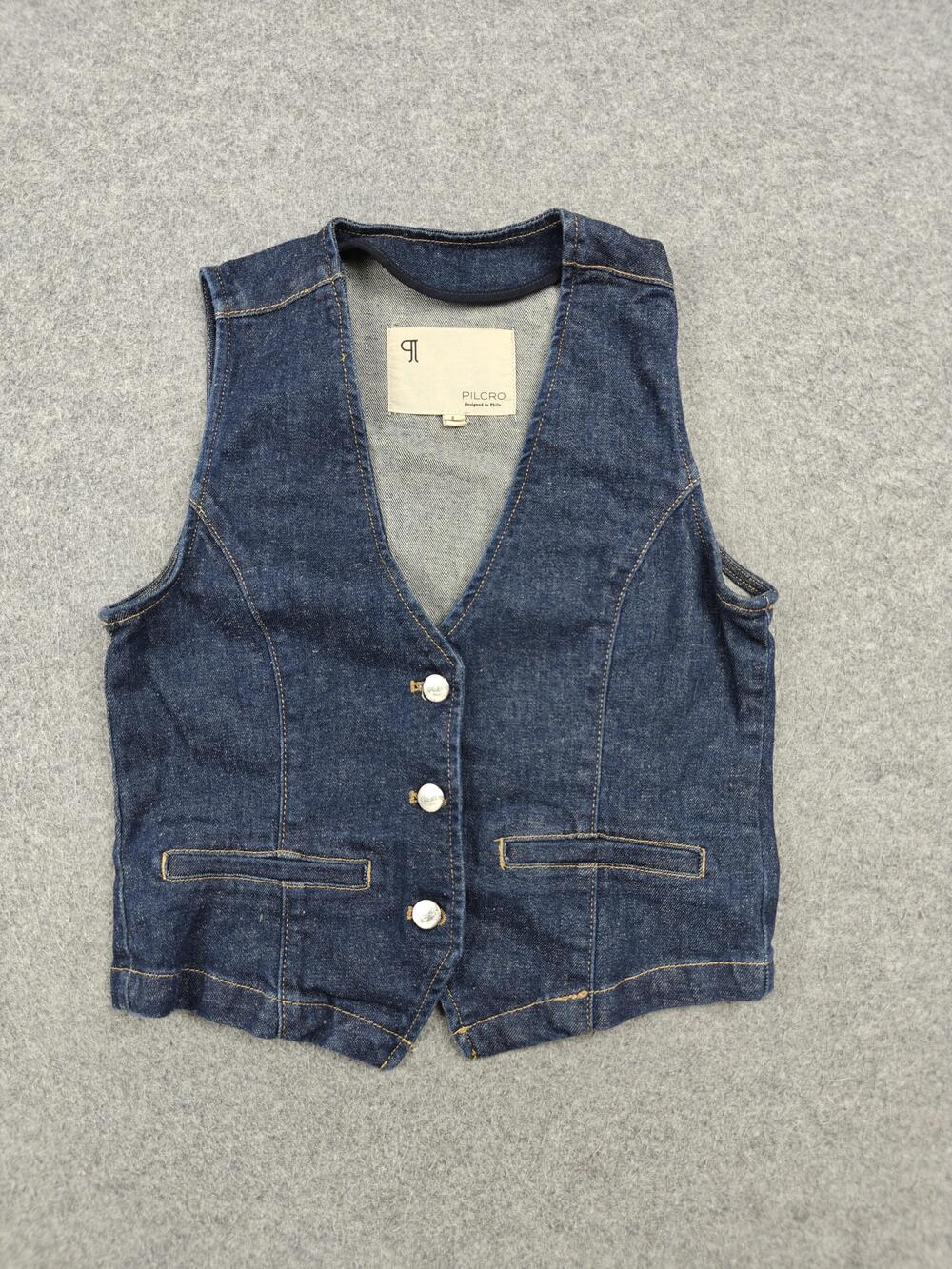 Pilcro Vest Womens Small Blue Denim Collarless Pockets Button Short Unlined